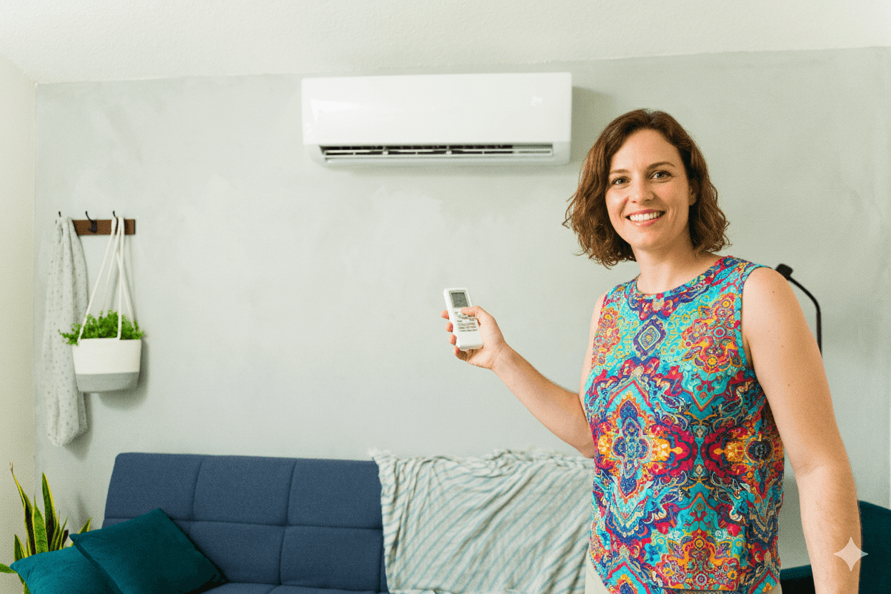 Photo d'une personne qui met en route sa climatisation alimenté par une pompe à chaleur Air-Air